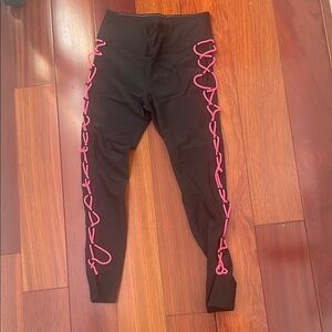 Black Leggings with Pink Lace-Up Sides